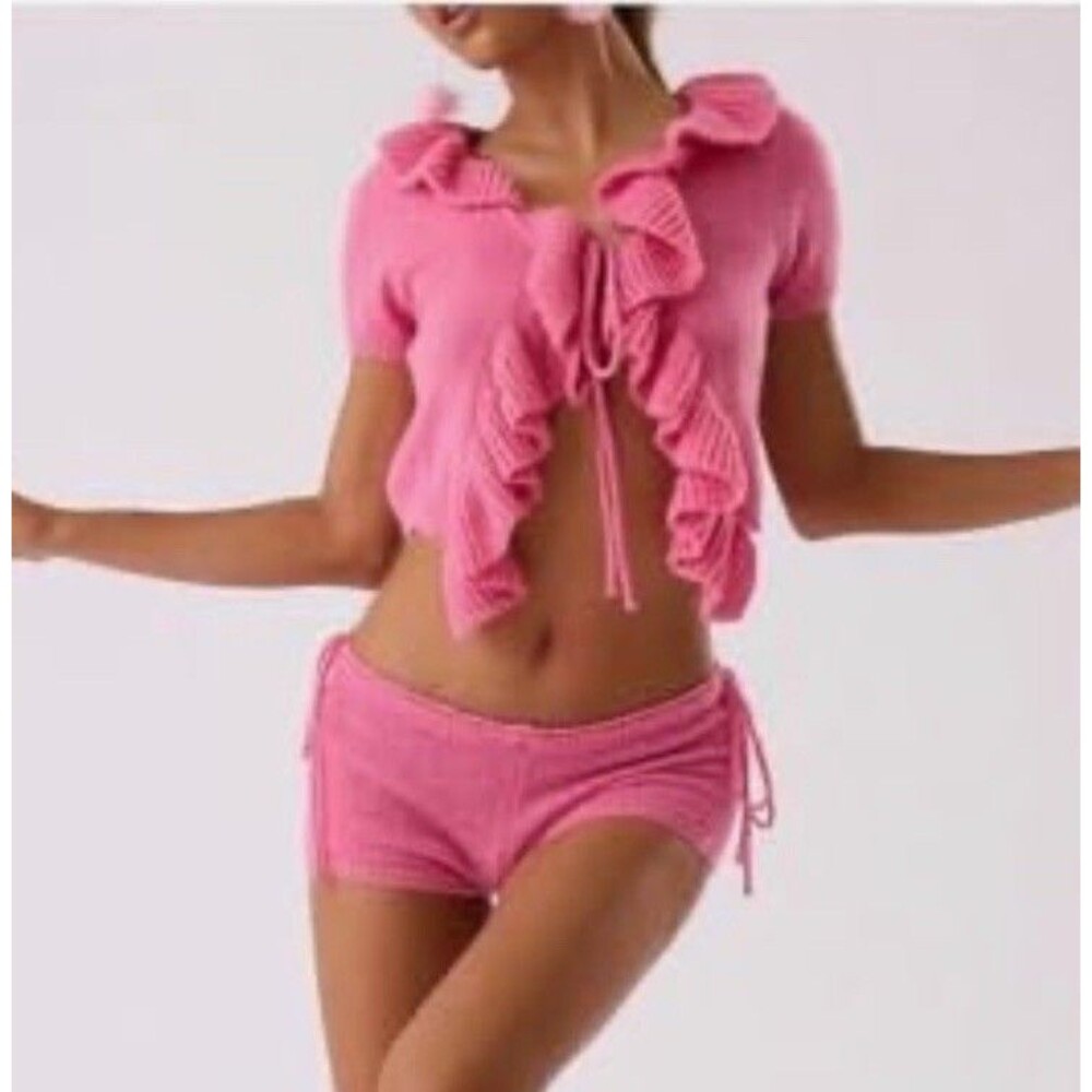 New Musera Shrug Pink Knit Tie Ruffle V Neck Top S